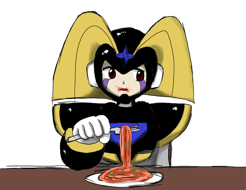 armor bass_(mega_man) black_armor chest_jewel food fork highres holding holding_fork kanmarisa_(meme) mega_man_(series) meme pasta simple_background spaghetti table touhou zun_(style)