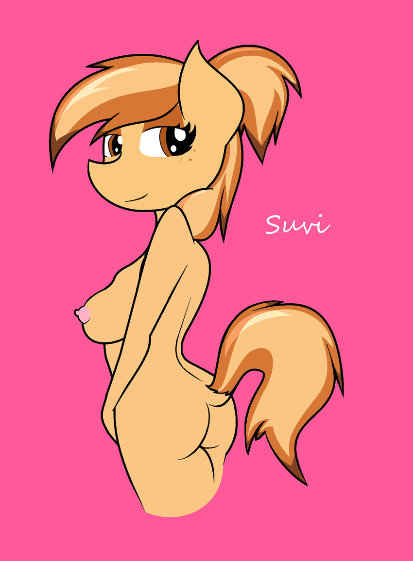 awesomemoments101 breasts brown_eyes brown_hair butt female freckles hair my_little_pony nipples nude original_character raised_tail smile solo