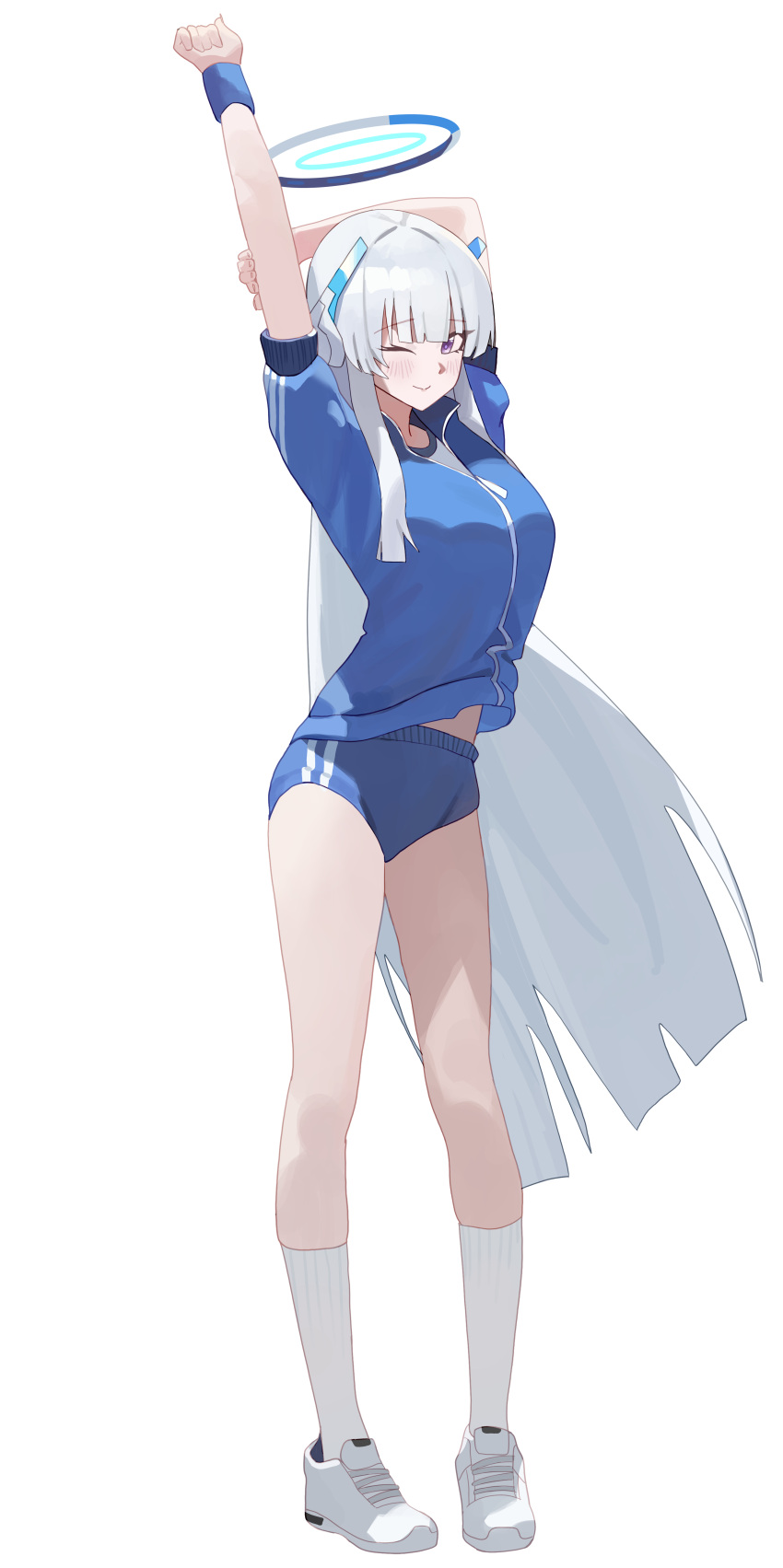 1girl ;) absurdres arms_up bare_legs blue_archive blue_buruma blunt_ends blush breasts buruma full_body grey_hair halo headgear highres jacket large_breasts long_hair looking_at_viewer midriff_peek noa_(blue_archive) one_eye_closed riel_(ataraxia2334) shoes smile sneakers socks solo stretching track_jacket very_long_hair white_footwear white_socks wristband