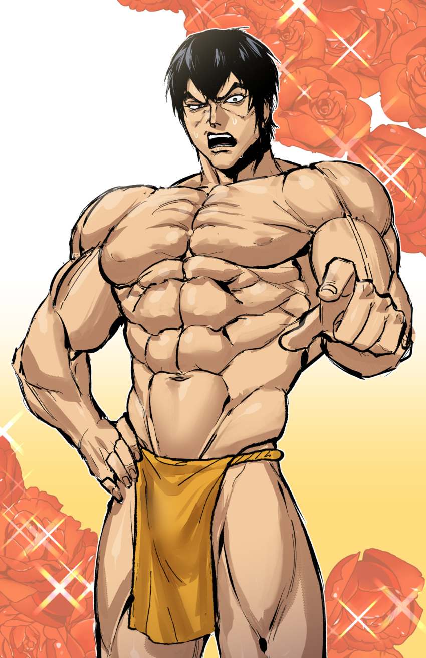 1boy abs bara bishie_sparkle cowboy_shot flower highres houjoh_(7th-heaven) large_pectorals loincloth looking_at_viewer male_focus marshall_law mature_male muscular muscular_male navel nipples pectoral_cleavage pectorals pelvic_curtain pointing pointing_at_viewer short_hair solo sparkle_background standing stomach tekken tekken_7 thick_eyebrows topless_male tsurime white_background