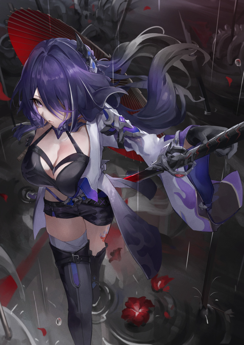 1girl absurdres acheron_(honkai:_star_rail) asymmetrical_footwear bandages black_choker black_gloves black_shorts boots breasts chain choker cleavage coat coattails detached_sleeves flower gloves hair_over_one_eye highres holding holding_sword holding_umbrella holding_weapon honkai:_star_rail honkai_(series) leg_tattoo long_hair megu_(pixiv9460065) midriff multicolored_hair navel purple_eyes purple_hair rain red_flower red_umbrella ripples scabbard sheath sheathed short_shorts shorts single_bare_shoulder solo stomach streaked_hair sword tattoo thigh_boots umbrella weapon white_coat