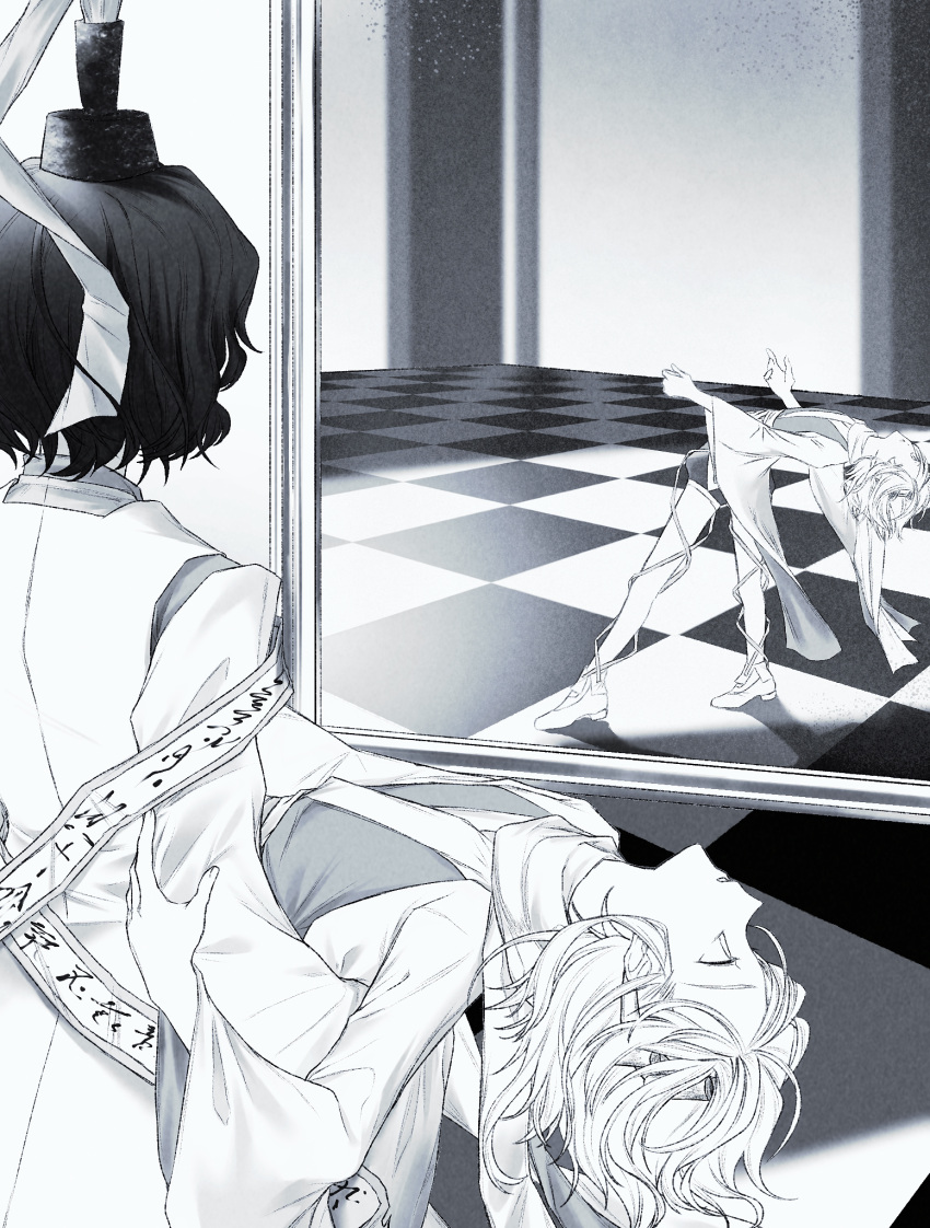 2others androgynous checkered_floor closed_eyes commentary detached_sleeves different_reflection english_commentary gas_wf greyscale hat highres japanese_clothes kimono leg_ribbon len'en long_sleeves mirror monochrome multiple_others other_focus parted_lips reflection ribbon senri_tsurubami short_hair shorts tate_eboshi wide_sleeves zuifeng_tenkai