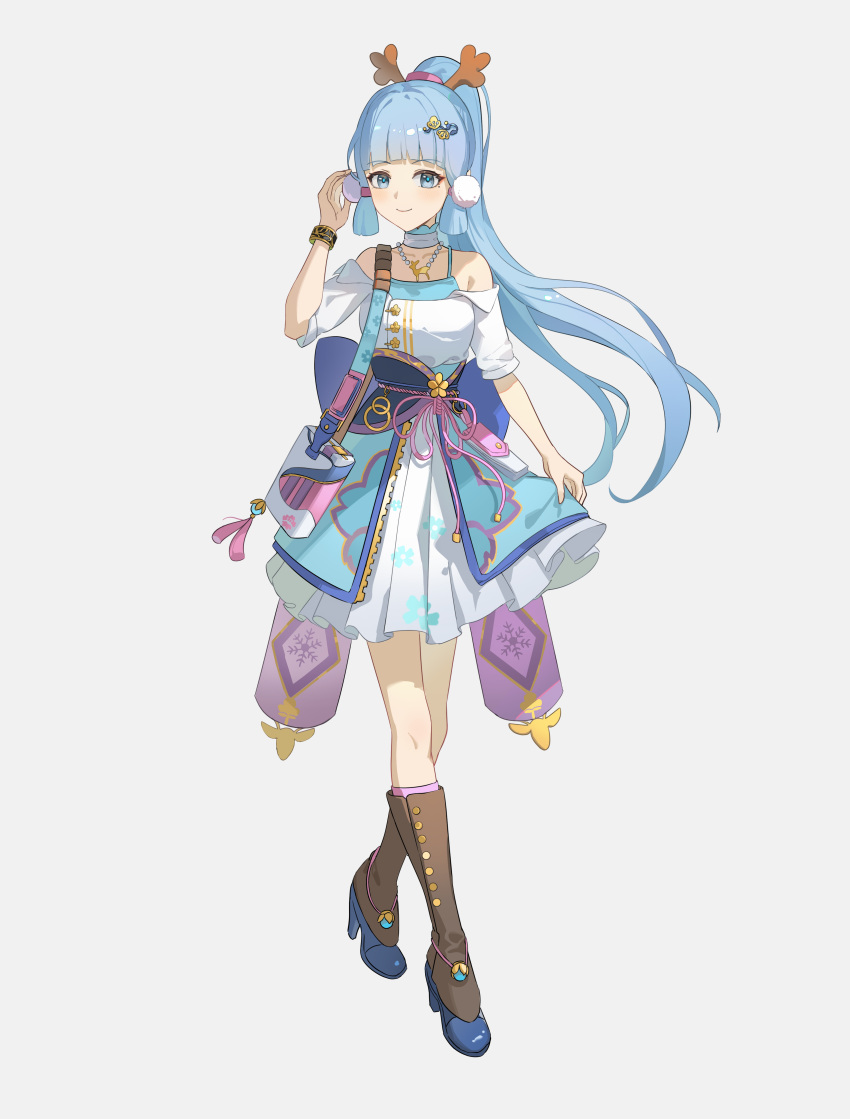 1girl absurdres alternate_costume bare_shoulders blue_eyes blue_footwear blue_hair blue_skirt blunt_bangs choker commentary crossed_legs fake_antlers full_body genshin_impact grey_background hair_ornament hand_up high_heels highres jewelry kamisato_ayaka lingdu_han long_hair looking_at_viewer miniskirt necklace off-shoulder_shirt off_shoulder pleated_skirt pom_pom_(clothes) pom_pom_hair_ornament ponytail shirt short_sleeves sidelocks simple_background skirt smile solo standing very_long_hair watson_cross white_choker white_shirt white_skirt