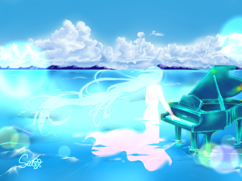 day dress from_behind highres instrument long_hair mountain ocean original piano sky solo water