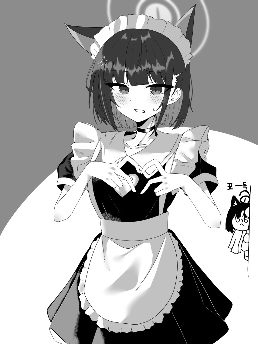 1girl absurdres animal_ears apron black_choker black_hair blue_archive cat_ears choker dragonchicken02 finger_heart grey_background greyscale halo highres kazusa_(blue_archive) kikyou_(blue_archive) korean_text looking_at_viewer maid maid_apron maid_headdress monochrome solo translation_request two-tone_background white_background