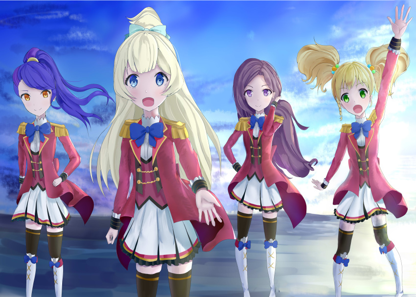 310setsu absurdres aikatsu!_(series) aikatsu_stars! blue_sky boots highres kasumi_yozora kisaragi_tsubasa ocean s4_uniform shiratori_hime sky zettai_ryouiki