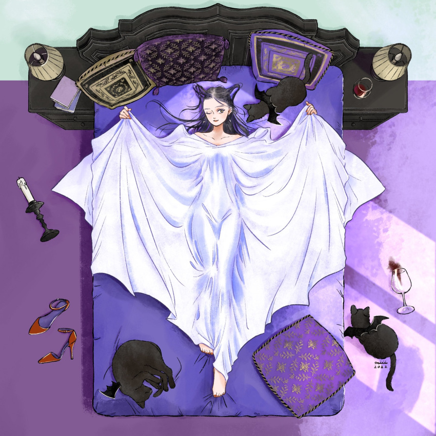 1girl barefoot bat_wings black_cat black_hair candle cat collarbone dated feet from_above full_body glass high_heels highres lamp long_hair lying on_back on_bed one_eye_closed original pillow red_footwear signature solo toes tronc unworn_footwear wings