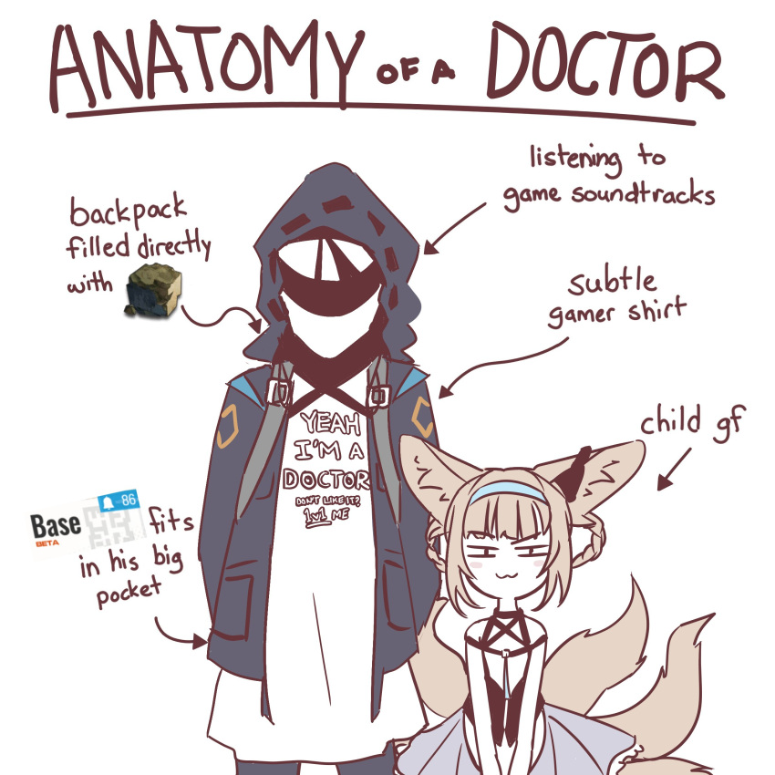 1girl 1other :3 absurdres anatomy_of_a_gamer_(meme) animal_ear_fluff animal_ears arknights arrow_(symbol) black_jacket blonde_hair blush_stickers braided_hair_rings doctor_(arknights) english_text fox_ears fox_girl fox_tail hairband hashtag-only_commentary highres hood hood_up hooded_jacket jacket looking_at_viewer meme multiple_tails orirock_(arknights) parody ricinus shirt suzuran_(arknights) tail text_print v-shaped_eyebrows white_background white_hair white_shirt