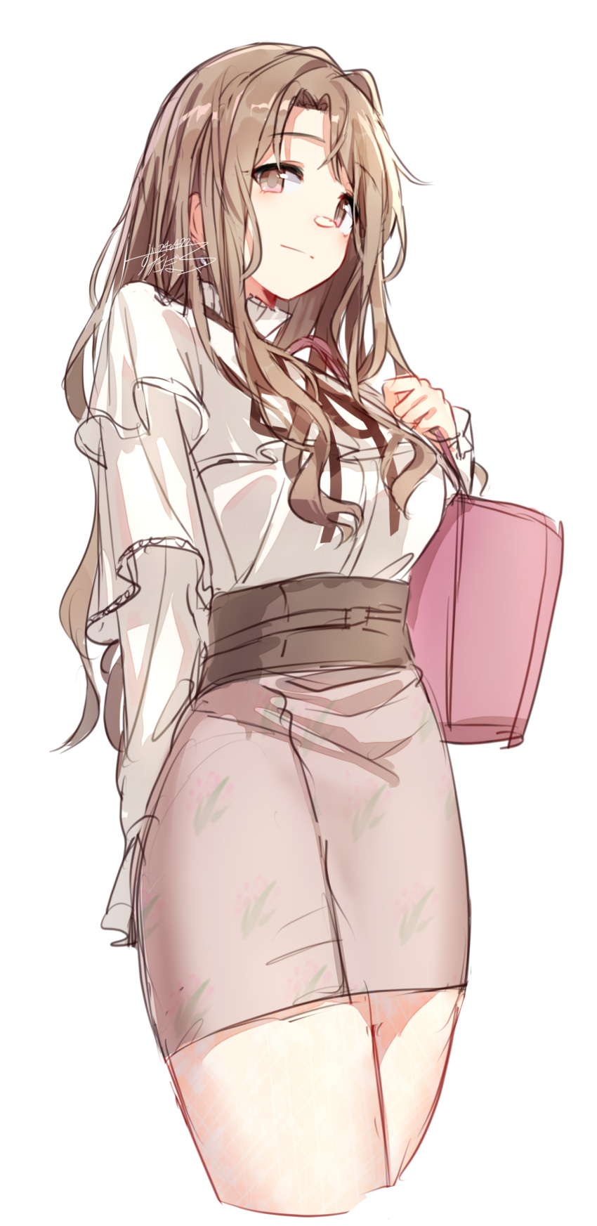 1girl absurdres aged_up bag breasts brown_hair cropped_legs dark_skin dated high-waist_skirt highres holding holding_bag ichikawa_hinana idolmaster idolmaster_shiny_colors light_smile looking_at_viewer medium_breasts pink_bag shirt signature simple_background sketch skirt solo thighs white_background white_shirt zutaboro