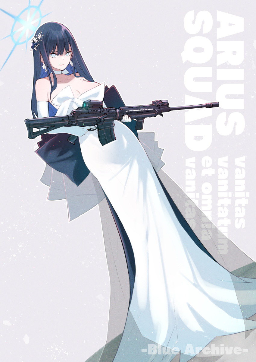 1girl absurdres assault_rifle back_bow bare_shoulders black_hair blue_archive blue_eyes bow breasts cleavage dress dutch_angle elbow_gloves full_body gloves gun halo highres holding holding_weapon kojima_takeshi large_breasts long_hair looking_at_viewer official_alternate_costume rifle saori_(blue_archive) saori_(dress)_(blue_archive) sig_516 sig_sauer solo standing weapon white_dress white_gloves