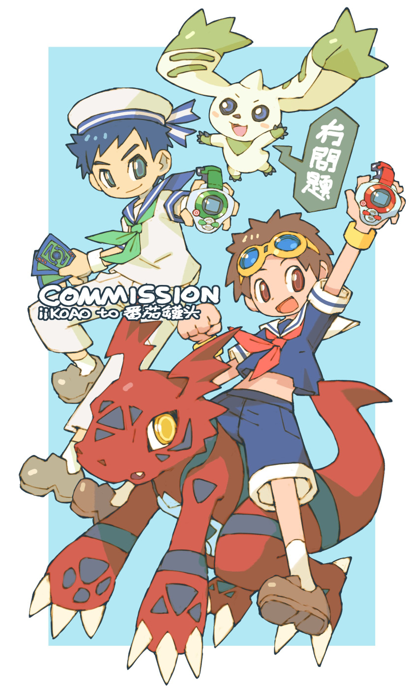 2boys absurdres animal_ears arm_up blue_background blue_sailor_collar blue_shirt blue_shorts card colored_skin commission d-ark digimon digimon_tamers dinosaur green_ribbon guilmon highres holding holding_card iikoao li_jianliang lop_rabbit_ears matsuda_takato multiple_boys pants rabbit_ears red_ribbon red_skin ribbon riding sailor_collar shirt shorts terriermon trading_card translation_request white_pants white_sailor_collar white_shirt yellow_eyes