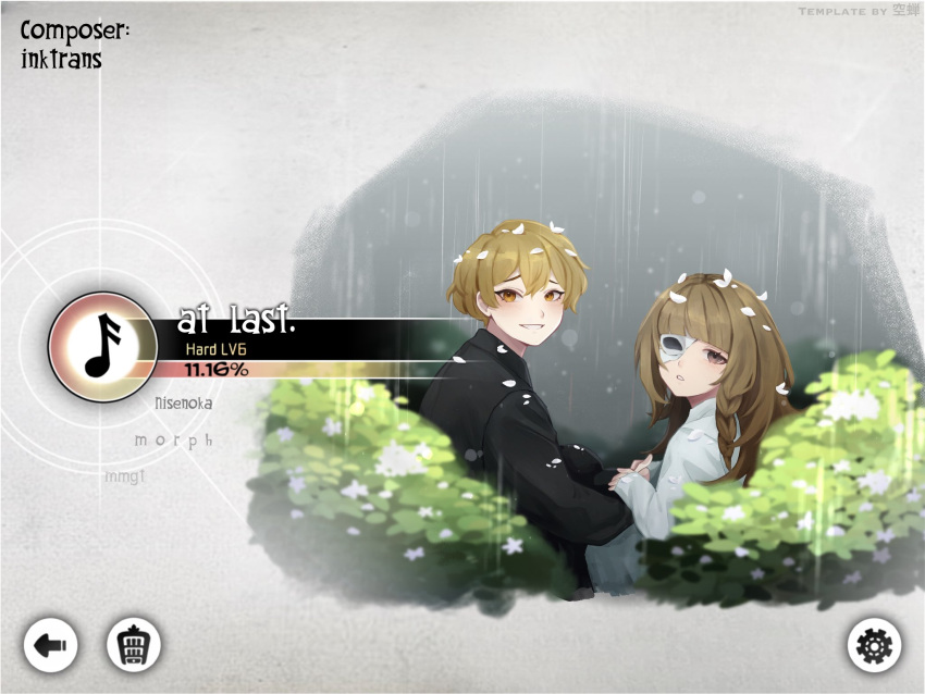 1boy 1girl alice_(saccharhythm) artist_self-insert blonde_hair blush braid brown_hair couple deemo french_braid hetero highres holding_hands limbus_company looking_at_viewer mask petals project_moon rain saccharhythm simple_background sinclair_(project_moon) smile upper_body white_background yellow_eyes