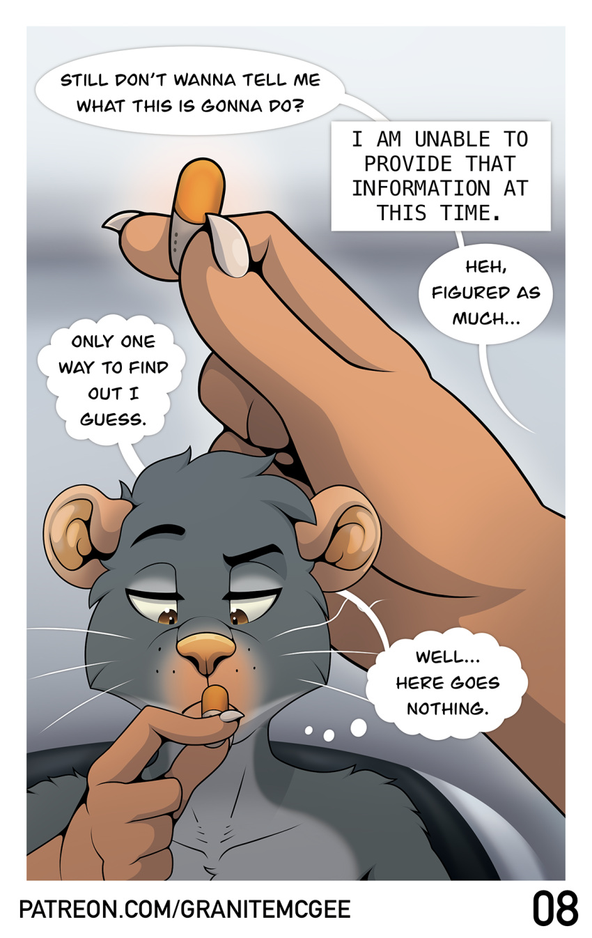 anthro close-up comic dialogue drugs fur granitemcgee grey_body grey_fur hi_res male mammal murid murine nails pills rat rodent solo speech_bubble text text_box thought_bubble whiskers