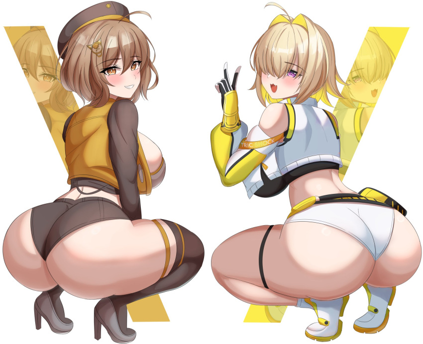 ahoge anis_(nikke) ass ass_focus blonde_hair blush breasts brown_hair elegg_(nikke) full_body goddess_of_victory:_nikke hair_intakes hair_over_eyes high_heels highres huge_ass jacket large_breasts long_bangs long_sleeves looking_at_viewer multicolored_hair open_mouth shoes short_hair shorts sicamal smile squatting thighs tiptoes two-tone_hair