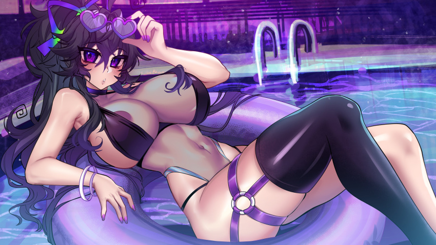 1girl :o absurdres bare_shoulders bikini black_bikini bow breasts crawling_dreams eyewear_on_head hair_bow heart heart-shaped_eyewear highres ladder large_breasts merryweather navel nyarla_(osiimi) osiimi ponytail ponytail_holder pool poolside purple_eyes purple_hair purple_nails purple_theme see-through_swimsuit single_thighhigh swimsuit thighhighs