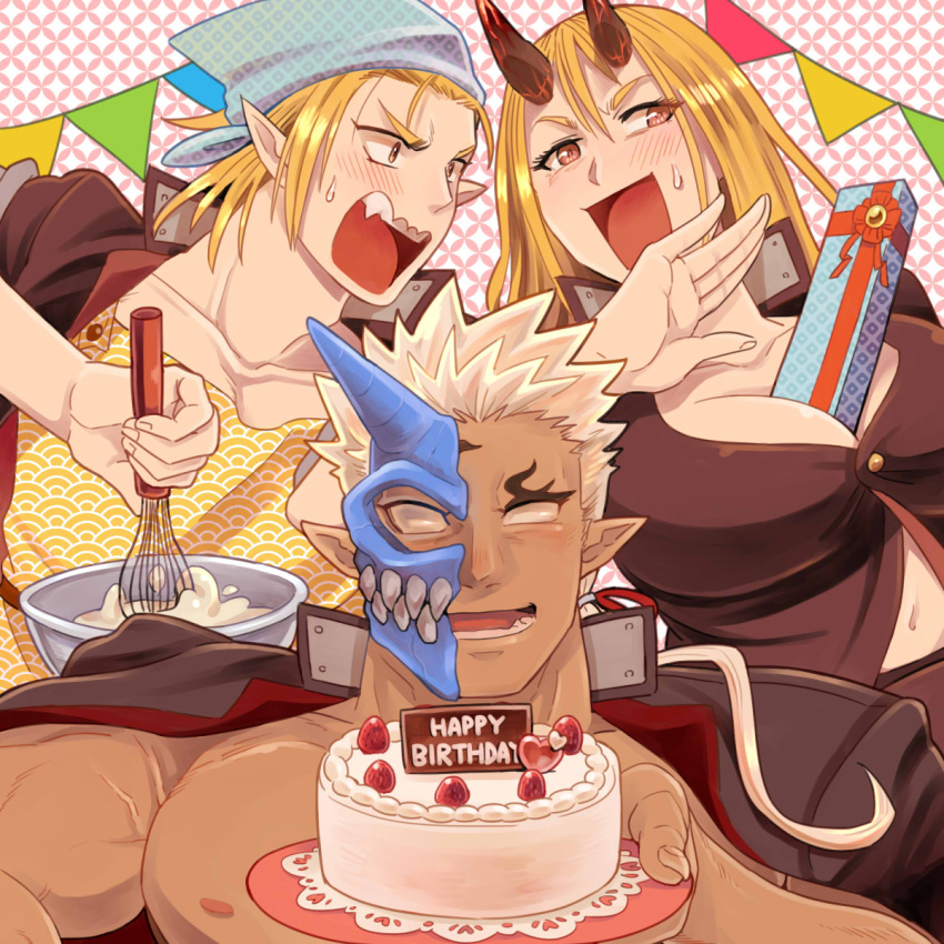 1girl 2boys between_breasts black_shirt blonde_hair bowl breasts brown_eyes cake collarbone food happy_birthday highres holding holding_cake holding_food holding_whisk horns ibaraki_(housamo) large_breasts mask multiple_boys navel nipples no_pupils ojou-sama_pose open_mouth pointy_ears shirt shuten_douji_(housamo) string_of_flags sumi_wo_hakuneko sweat tokyo_afterschool_summoners veins veiny_arms whisk