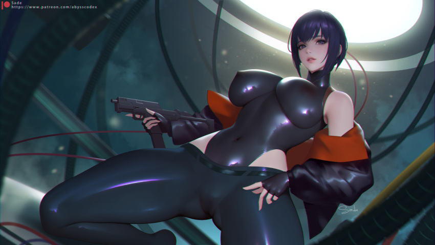 1girl bodystocking bodysuit breasts covered_navel ghost_in_the_shell kusanagi_motoko large_breasts latex latex_bodysuit looking_at_viewer medium_hair purple_hair sade_abyss skin_tight solo thighs wide_hips