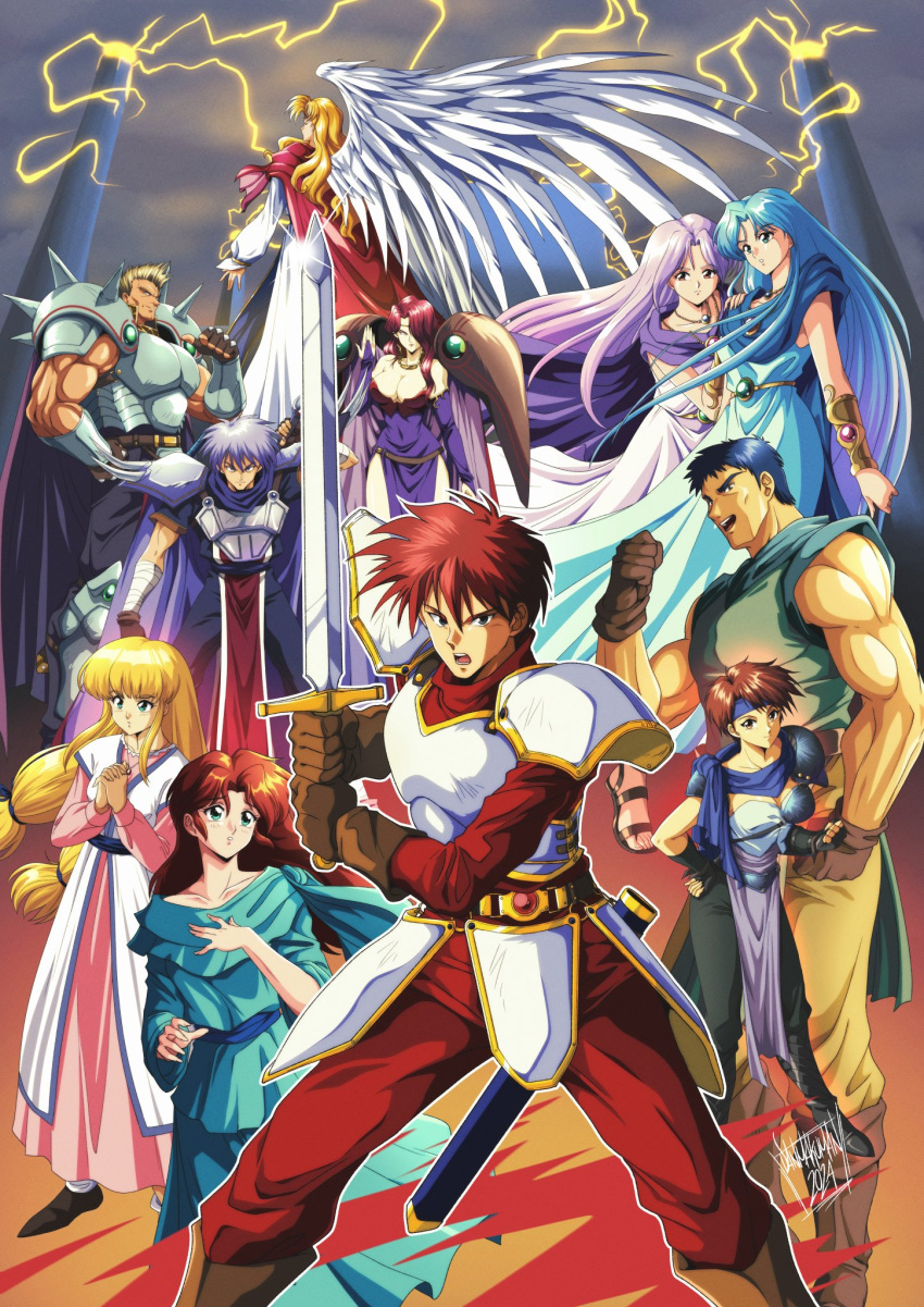 1990s_(style) 5boys 6+girls adol_christin angel_wings armor bami_(ys) blue_cape blue_hair blue_headband blue_robe boots bracer breasts brown_footwear cape cleavage covered_navel danmakuman dogi_(ys) eldeel_(ys) feathered_wings feena_(ys) gadis_(ys) gloves gruda_(ys) hair_over_one_eye headband highres holding holding_sword holding_weapon jewelry karna_(ys) large_breasts leather leather_gloves leeza_(ys) lilia_(ys) long_hair low_twintails multiple_boys multiple_girls muscular muscular_male necklace parted_bangs pauldrons pelvic_curtain pillar purple_robe reah_(ys) red_hair retro_artstyle robe sheath short_hair shoulder_armor signature sparkle spiked_pauldrons sword twintails very_long_hair weapon white_wings wings ys ys_iv_dawn_of_ys