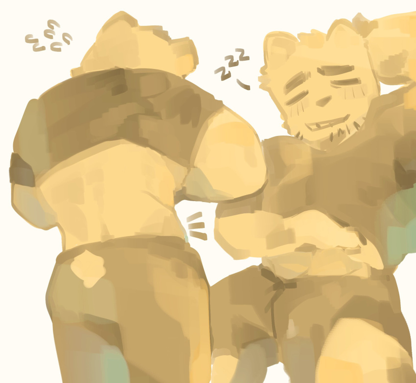 1boy =_= bara bear_boy bear_tail blush embarrassed flying_sweatdrops from_behind furrowed_brow furry furry_male highres love_handles male_focus mature_male midriff_peek muscular muscular_male notice_lines original pasang scratching_stomach short_hair shorts tail thick_eyebrows weight_gain yellow_theme zzz