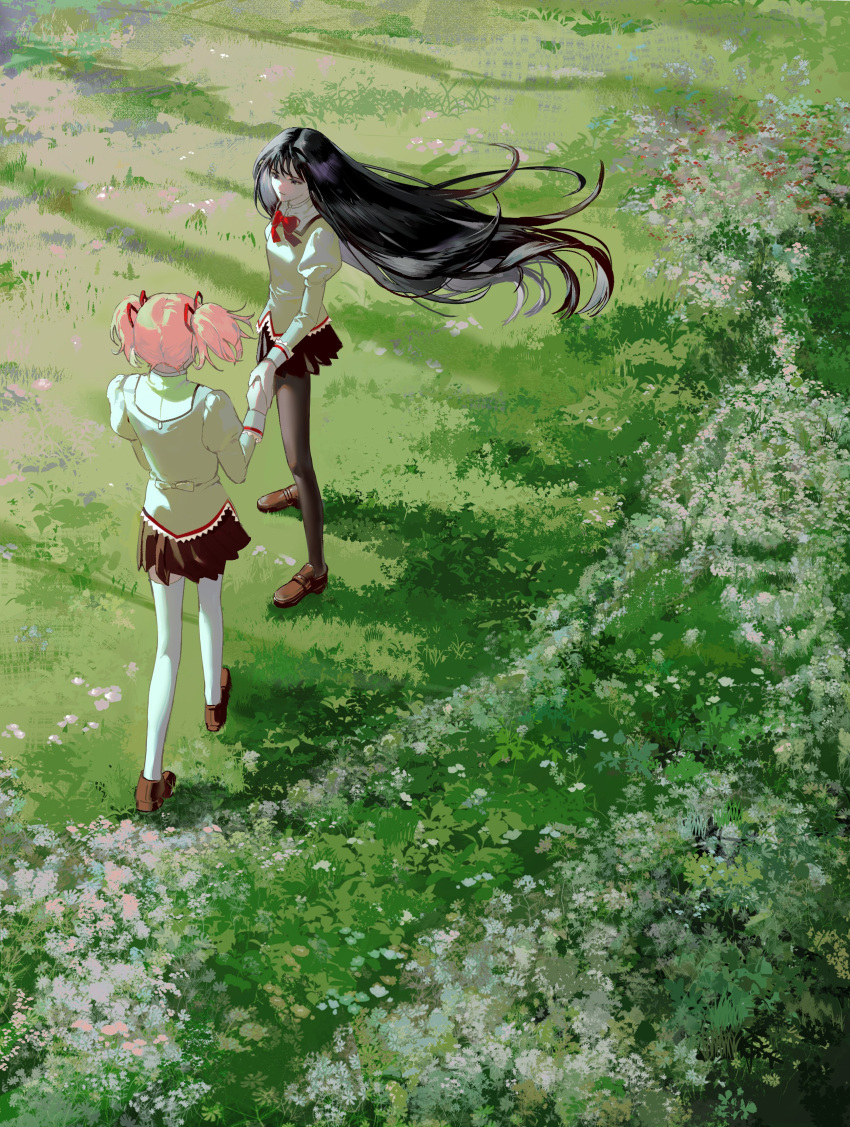 2girls absurdres akemi_homura baby's-breath back_bow black_eyes black_hair black_pantyhose black_skirt bow brown_footwear day facing_away field floating_hair flower from_behind grass green_flower hair_ribbon half-closed_eyes high_collar highres holding_hands hoseek jitome juliet_sleeves kaname_madoka loafers long_hair long_sleeves looking_at_another mahou_shoujo_madoka_magica mahou_shoujo_madoka_magica_(anime) mitakihara_school_uniform multiple_girls nature neck_ribbon orange_flower outdoors pantyhose pink_flower pink_hair pink_ribbon pleated_skirt puffy_sleeves red_flower ribbon school_uniform shadow shoes short_twintails sidelighting skirt standing straight_hair sunlight thighhighs twintails very_long_hair white_flower white_thighhighs wide_shot zettai_ryouiki