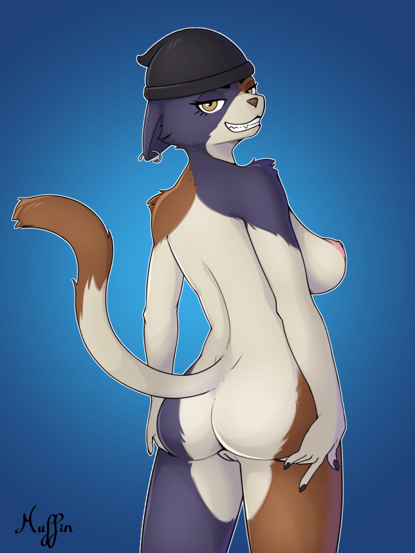 anthro big_breasts breasts butt clothing domestic_cat ear_piercing epic_games felid feline felis female fortnite foxy_concept fur genitals hat headgear headwear hi_res looking_at_viewer mammal meow_skulls_(fortnite) nipples nude piercing pink_nipples pussy simple_background smile solo tail tricolor_fur yellow_eyes