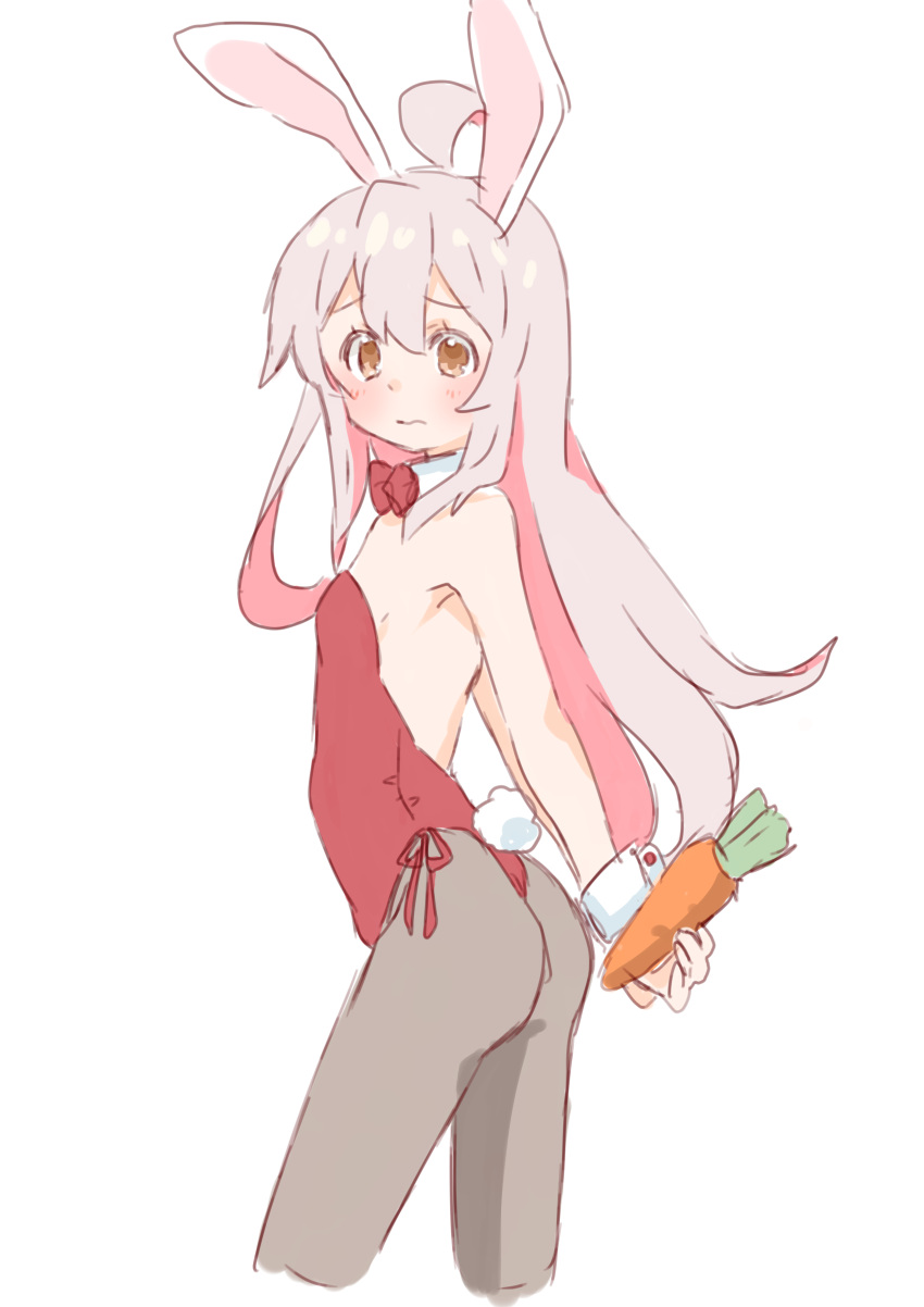 1girl absurdres ahoge animal_ears arms_behind_back ass bare_arms bare_shoulders black_pantyhose blush bow bowtie carrot commentary cowboy_shot detached_collar english_commentary flat_chest from_side grey_hair hair_between_eyes highres holding holding_carrot leotard long_hair looking_at_viewer mayoineko multicolored_hair onii-chan_wa_oshimai! oyama_mahiro pantyhose pink_hair playboy_bunny rabbit_ears rabbit_tail red_bow red_bowtie red_leotard simple_background sketch solo strapless strapless_leotard tail two-tone_hair very_long_hair wavy_mouth white_background wrist_cuffs yellow_eyes