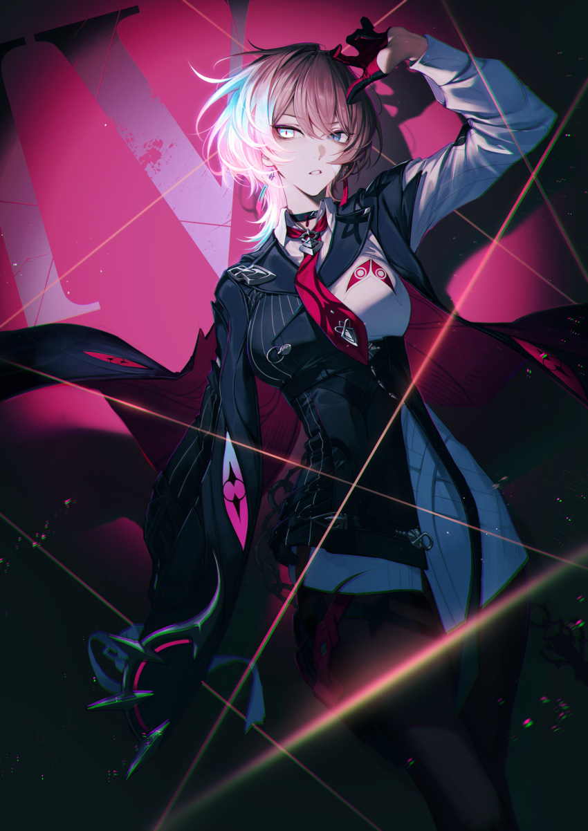 1girl absurdres arm_up asymmetrical_sleeves bags_under_eyes bandage_on_face bandages black_choker black_pants blue_eyes breasts choker chromatic_aberration clenched_teeth cowboy_shot earrings gloves glowing glowing_eye glowing_hair highres honkai_(series) honkai_impact_3rd jacket jewelry lantern_(honkai_impact) light_brown_hair looking_to_the_side multicolored_hair namahamu913 pants solo split-color_clothes teeth