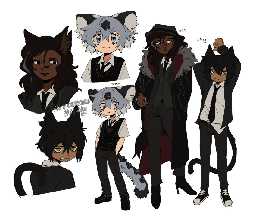 1girl 2boys animal_ear_fluff animal_ears arms_up artist_name black_coat black_eyes black_footwear black_hair black_hat black_jacket black_necktie black_pants black_suit black_sweater_vest cat_boy cat_ears cat_girl cat_tail character_name child clenched_teeth closed_mouth coat collared_shirt dark-skinned_female dark-skinned_male dark_skin deviidog0 english_text full_body green_eyes grey_hair hair_between_eyes hand_in_pocket hand_on_own_hip hands_in_pockets high_heels highres jacket jewelry long_hair long_sleeves looking_at_viewer looking_back multicolored_hair multiple_boys multiple_views necktie notched_ear open_clothes open_jacket original pants ring shirt shirt_partially_tucked_in short_eyebrows short_hair simple_background slit_pupils smile snow_leopard_boy snow_leopard_ears snow_leopard_tail standing streaked_hair suit sweater_vest tail teeth twitter_username very_dark_skin white_background