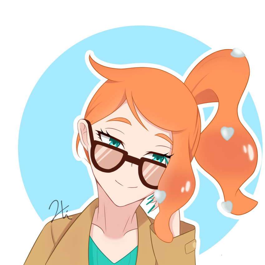 1girl absurdres aqua_eyes aqua_nails aqua_shirt artist_name bespectacled brown_coat coat collarbone glasses hair_ornament half-closed_eyes heart heart_hair_ornament highres hitoridoodles orange-tinted_eyewear orange_hair pokemon pokemon_swsh ribbed_shirt shirt side_ponytail signature solo sonia_(pokemon) sunglasses swept_bangs tinted_eyewear upper_body v-neck wavy_hair