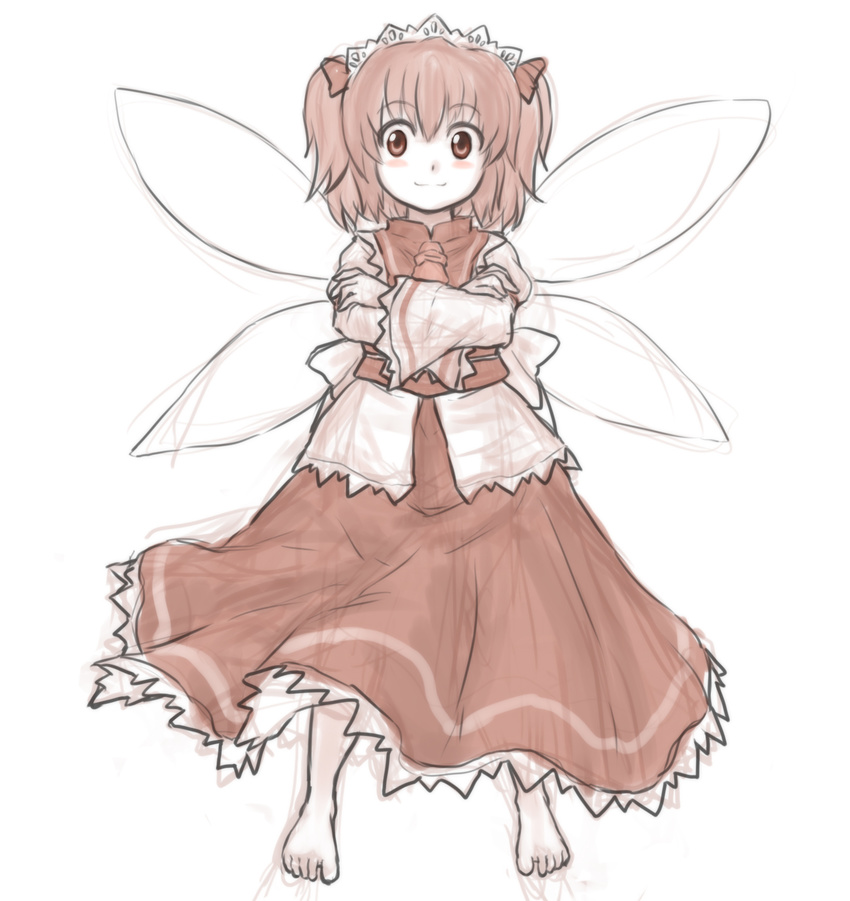 barefoot blush_stickers crossed_arms full_body highres kuro_suto_sukii short_hair short_twintails simple_background sketch skirt smile solo sunny_milk touhou twintails white_background wings