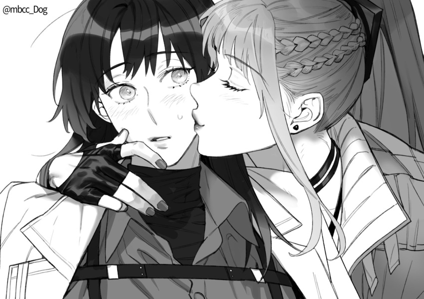 2girls bai_yi_(path_to_nowhere) blush braid chest_strap chief_(path_to_nowhere) choker closed_eyes coat coat_on_shoulders collared_shirt commentary_request dog_9uk earrings female_chief_(path_to_nowhere) fingerless_gloves gloves greyscale jewelry kiss kissing_cheek korean_commentary long_hair looking_at_viewer monochrome multiple_girls parted_lips path_to_nowhere ponytail shirt stud_earrings sweatdrop turtleneck turtleneck_shirt twitter_username upper_body yuri