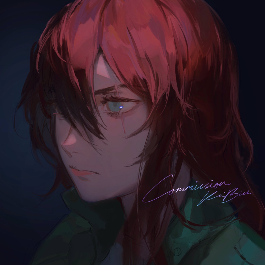 1girl blue_eyes closed_mouth commission copyright_request from_behind green_jacket highres jacket keibleh looking_ahead portrait red_hair scar scar_across_eye signature solo