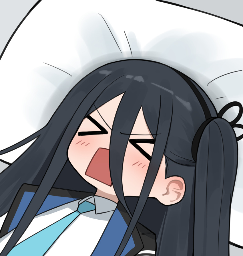 &gt;o&lt; 1girl aris_(blue_archive) black_hair black_jacket blue_archive blush flasso highres jacket long_hair lying necktie open_mouth pillow shirt side_ponytail solo white_shirt