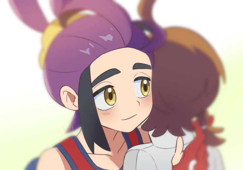 1boy 1girl ahoge black_hair blurry blush brown_hair closed_mouth collarbone commentary_request depth_of_field gloves gradient_background hug jacket juliana_(pokemon) kieran_(pokemon) multicolored_hair orange_(orangelv20) partially_fingerless_gloves pokemon pokemon_sv purple_hair red_gloves smile tank_top two-tone_hair upper_body yellow_eyes