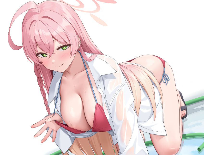 1girl absurdres ahoge all_fours bikini bikini_under_clothes blue_archive blush breasts green_eyes halo halterneck hanako_(blue_archive) hanako_(swimsuit)_(blue_archive) hanging_breasts highres hose large_breasts long_hair long_sleeves looking_at_viewer official_alternate_costume pink_bikini pink_hair pink_halo sawada_yuusuke shirt side-tie_bikini_bottom smile solo string_bikini swimsuit white_shirt