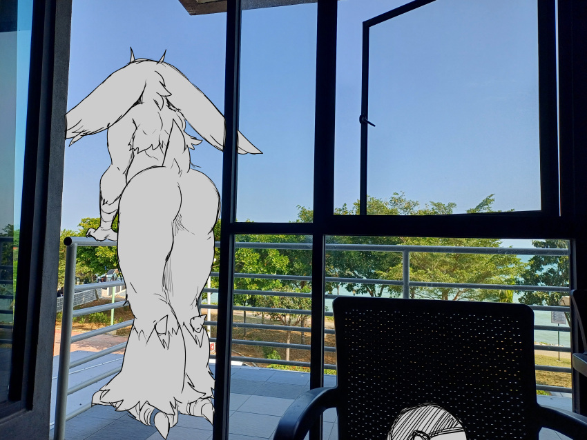 2024 absurd_res ambiguous_gender anthro balcony blaziken butt chair day furniture generation_3_pokemon hi_res looking_away nintendo nude photo_background photography_(artwork) plant pokeball pokemon pokemon_(species) seaside solo standing tree window winick-lim