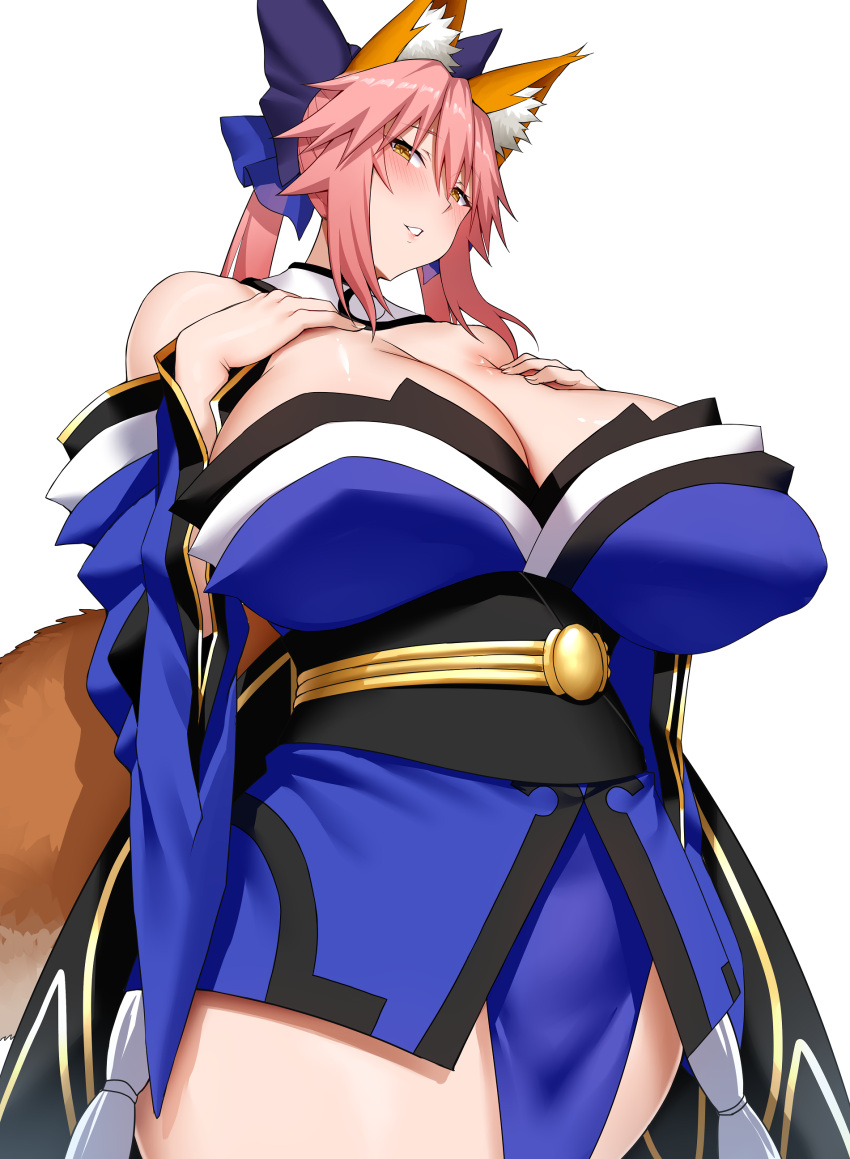 1girl absurdres animal_ear_fluff animal_ears arind_yudha bare_shoulders blush breasts fate/extra fate_(series) fox_ears fox_girl fox_tail hair_ornament hands_on_own_chest highres huge_breasts japanese_clothes long_hair off_shoulder parted_lips pelvic_curtain pink_hair simple_background solo tail tamamo_(fate) tamamo_no_mae_(fate/extra) white_background yellow_eyes