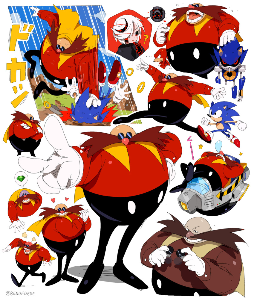 1girl 4boys absurdres bald bendedede black_sclera cleaning_glasses collage colored_sclera commentary dr._eggman english_commentary facial_hair furry furry_male glasses gloves highres knuckles_the_echidna metal_sonic multiple_boys mustache non-humanoid_robot red_eyes robot robot_animal sage_(sonic) simple_background sonic_(series) sonic_frontiers sonic_the_hedgehog sonic_the_hedgehog_(classic) unworn_eyewear white_background white_gloves