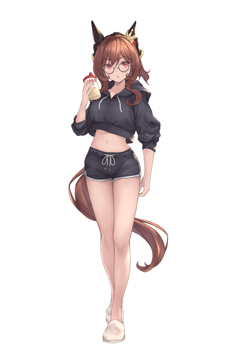 1girl alternate_costume animal_ears bespectacled black_shorts brown_hair commentary_request cropped_hoodie cup ear_covers ear_ornament full_body gentildonna_(umamusume) glasses highres holding holding_cup hood hood_down hoodie horse_ears horse_girl horse_tail long_hair peperoncino-sama red_eyes shorts simple_background slippers solo tail umamusume white_background white_footwear