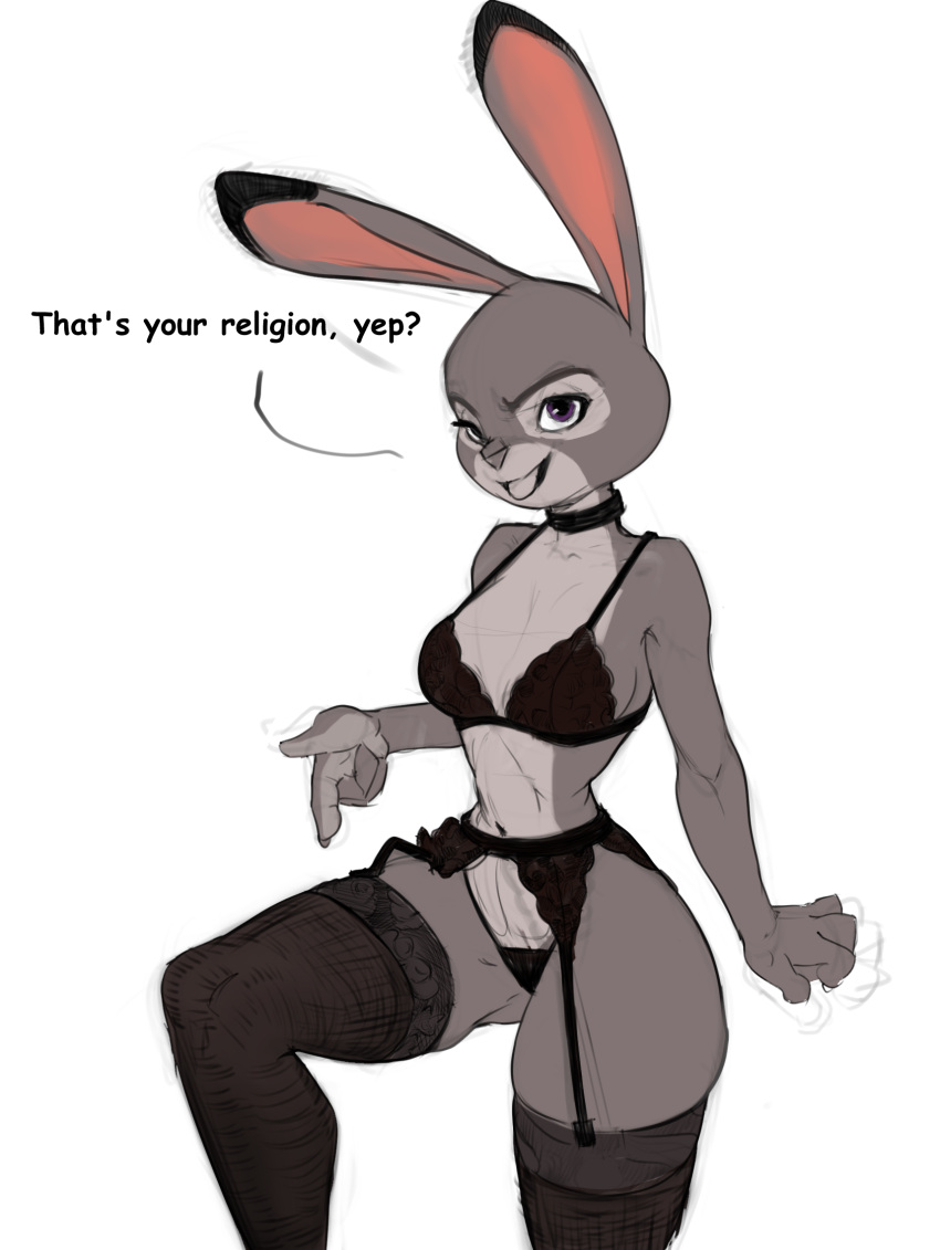 2024 anthro breasts butt clothed clothing dialogue digital_media_(artwork) disney english_text female fur garter_belt garter_straps grey_body grey_fur hi_res judy_hopps lagomorph leporid looking_at_viewer mammal purple_eyes rabbit reinecke simple_background smile solo text zootopia