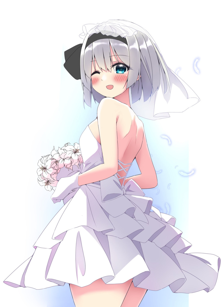 1girl alternate_costume bare_shoulders black_hairband blue_eyes blush bouquet bridal_veil commentary_request dress flower frilled_dress frills gloves grey_hair hairband highres holding holding_bouquet konpaku_youmu looking_at_viewer one_eye_closed open_mouth shishiky short_hair smile solo strapless strapless_dress touhou veil wedding_dress white_dress white_gloves