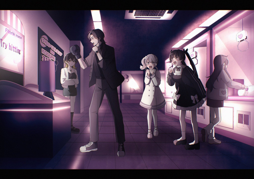 1boy 4girls :d azumaya_haruka black_camisole black_dress black_footwear black_hair black_jacket black_shirt black_shorts blonde_hair blush boxing_gloves breasts brown_eyes brown_footwear camisole ceiling_light collared_shirt commentary_request crane_game crossed_arms dress dress_shirt english_text fangs fujisaki_fuuka fujisaki_kanon gradient_hair grey_hair grey_sailor_collar heart highres hiizumi_rinne indoors jacket letterboxed loafers long_hair long_sleeves loose_socks medium_breasts multicolored_hair multiple_girls open_clothes open_jacket open_shirt pantyhose parted_bangs pink_footwear profile puffy_long_sleeves puffy_sleeves sailor_collar sailor_dress sakura_no_sekai shirt shoes shorts side_ponytail smile socks standing tile_floor tiles tokiwa_mimori track_jacket translation_request tsuruse twintails undershirt v-shaped_eyebrows very_long_hair watch white_dress white_jacket white_pantyhose white_socks wristwatch