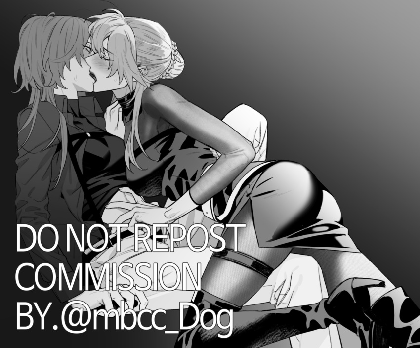 2girls boots braid braided_bun breasts chief_(path_to_nowhere) closed_eyes clothes_lift collarbone collared_shirt commentary_request commission dog_9uk english_text female_chief_(path_to_nowhere) greyscale hair_bun half-closed_eyes hand_on_another's_shoulder hand_on_another's_stomach high_heel_boots high_heels korean_commentary large_breasts long_hair looking_at_another monochrome multiple_girls nightingale_(path_to_nowhere) open_clothes open_shirt pantyhose path_to_nowhere pencil_skirt shirt shirt_lift sitting skirt small_breasts straddling sweat thigh_boots twitter_username yuri