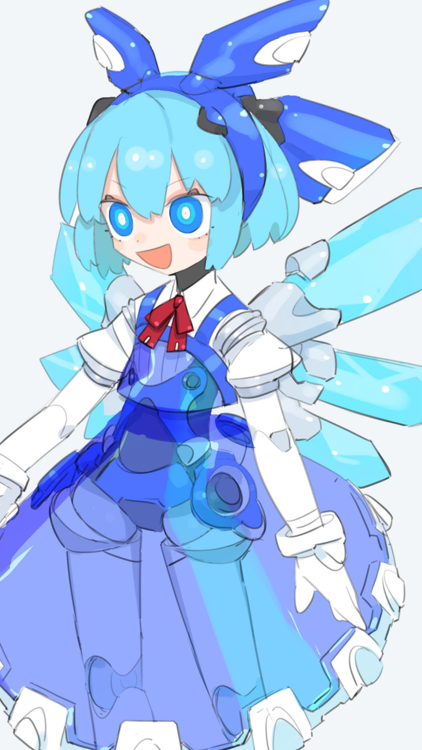 1girl absurdres android arms_at_sides artist_name blue_eyes blue_hair blue_shirt blue_skirt blush_stickers bob_cut bright_pupils cheri_zao cirno collared_shirt commentary crystal_wings feet_out_of_frame glowing glowing_eyes headgear highres joints layered_shirt looking_ahead mechanical_wings mechanization neck_ribbon open_mouth puffy_short_sleeves puffy_sleeves red_ribbon revision ribbon ringed_eyes robot_joints see-through see-through_shirt see-through_skirt shirt short_hair short_sleeves skirt smile solo standing touhou v-shaped_eyebrows white_background white_pupils white_shirt wings