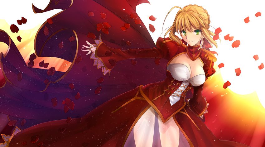 ahoge blonde_hair breasts cleavage dress epaulettes fate/extra fate_(series) green_eyes hair_ribbon highres large_breasts nero_claudius_(fate) nero_claudius_(fate)_(all) petals red_dress ribbon rose_petals see-through smile solo tusia