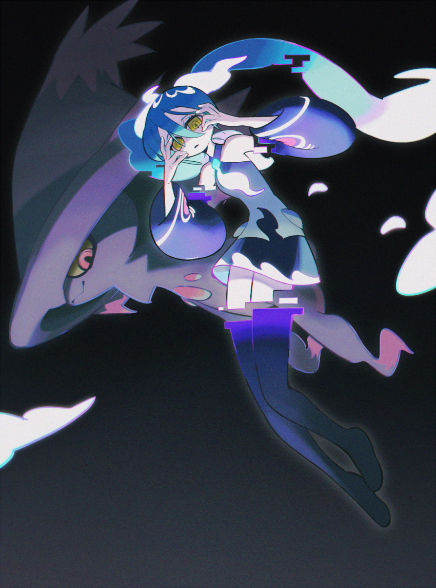 1girl bare_shoulders black_skirt black_sleeves black_thighhighs blue_hair detached_arm detached_legs film_grain full_body ghost_miku_(project_voltage) glitch glowing_neckwear grey_shirt hands_up hatsune_miku highres long_hair looking_at_viewer mismagius moonagvaze open_mouth pokemon project_voltage shirt skirt sleeveless sleeveless_shirt thighhighs twintails vocaloid yellow_eyes