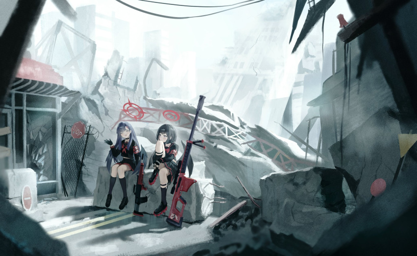 2girls anti-materiel_rifle armband assault_rifle black_choker black_footwear black_gloves black_hair black_sailor_collar black_serafuku black_socks black_wings blood blood_halo blue_archive chain-link_fence choker concrete dotthebot english_commentary feathered_wings fence gloves gun halo highres ichika_(blue_archive) liquid_halo long_hair low_wings mashiro_(blue_archive) multiple_girls neckerchief open_mouth outdoors platform_footwear red_armband red_halo red_neckerchief rifle road_sign rubble ruins sailor_collar school_uniform serafuku short_hair sign sitting sniper_rifle socks stop_sign weapon wings