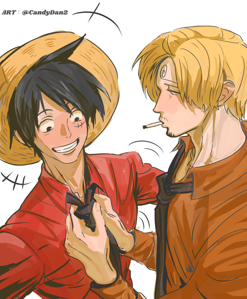 2boys absurdres adjusting_another's_clothes adjusting_clothes adjusting_necktie black_hair black_necktie blonde_hair blush cigarette commentary_request curly_eyebrows dressing_another facial_hair grin hair_over_one_eye hat highres long_sleeves male_focus monkey_d._luffy mouth_hold multiple_boys necktie one_piece orange_shirt red_shirt rita_ya sanji_(one_piece) scar scar_on_cheek scar_on_face shirt short_hair smile straw_hat teeth twitter_username yaoi