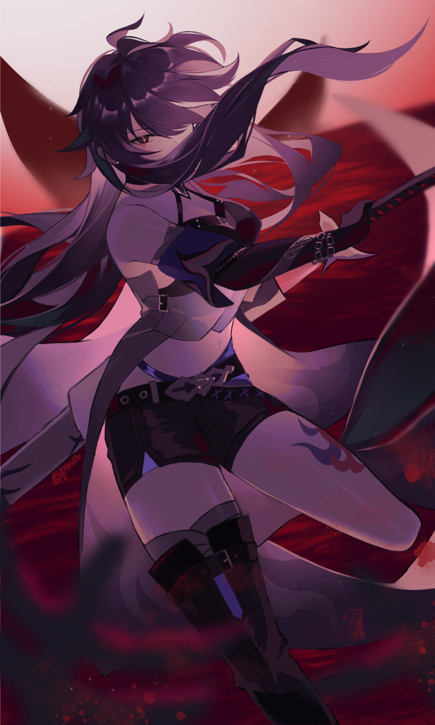 1girl absurdres acheron_(honkai:_star_rail) asymmetrical_footwear black_choker black_gloves black_shorts blood blood_from_eyes boots breasts chain choker cleavage coat coattails detached_sleeves gloves hair_over_one_eye highres honkai:_star_rail honkai_(series) leg_tattoo long_hair midriff multicolored_hair navel purple_eyes purple_hair sheath short_shorts shorts single_bare_shoulder solo stomach streaked_hair sword tattoo thigh_boots unsheathing weapon white_coat yua_(0629xm)