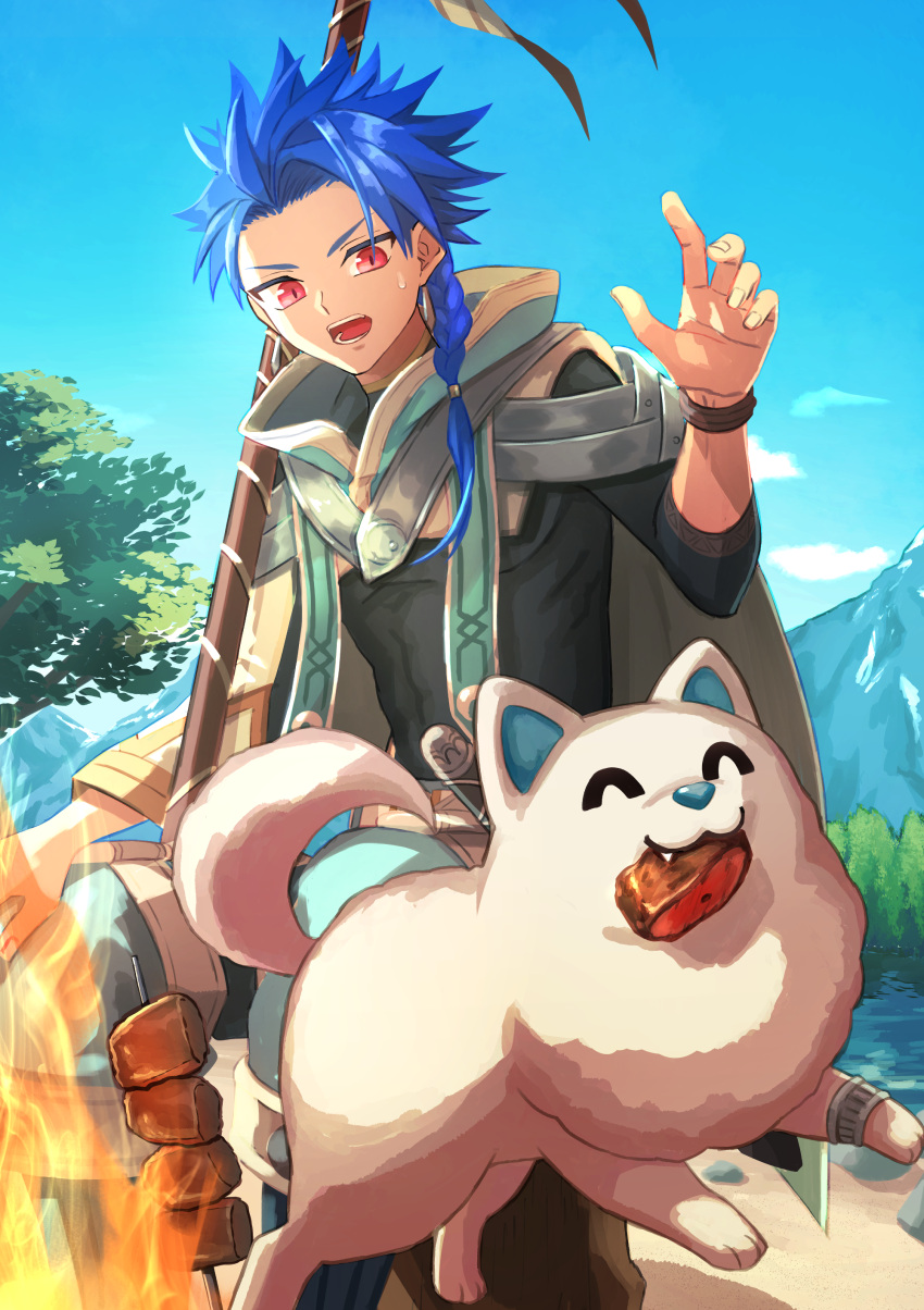 1boy absurdres animal blue_hair bodysuit bodysuit_under_clothes bracelet braid braided_ponytail capelet child cu_chulainn_(fate) dog earrings fate/grand_order fate_(series) funahashi_(nkmmmmr) highres holding hood hooded_capelet jewelry long_hair male_focus muscular muscular_child puffy_pants puppy red_eyes samoyed_(dog) setanta_(fate) spiked_hair sweatdrop white_dog